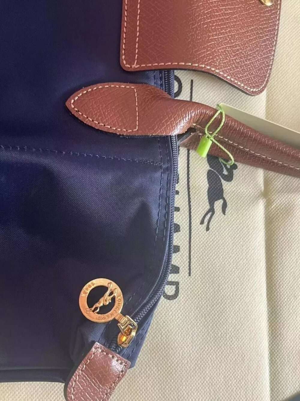 Longchamp Navy Blue Nylon Tote with Brown Leather Trim - Picture 3 of 10